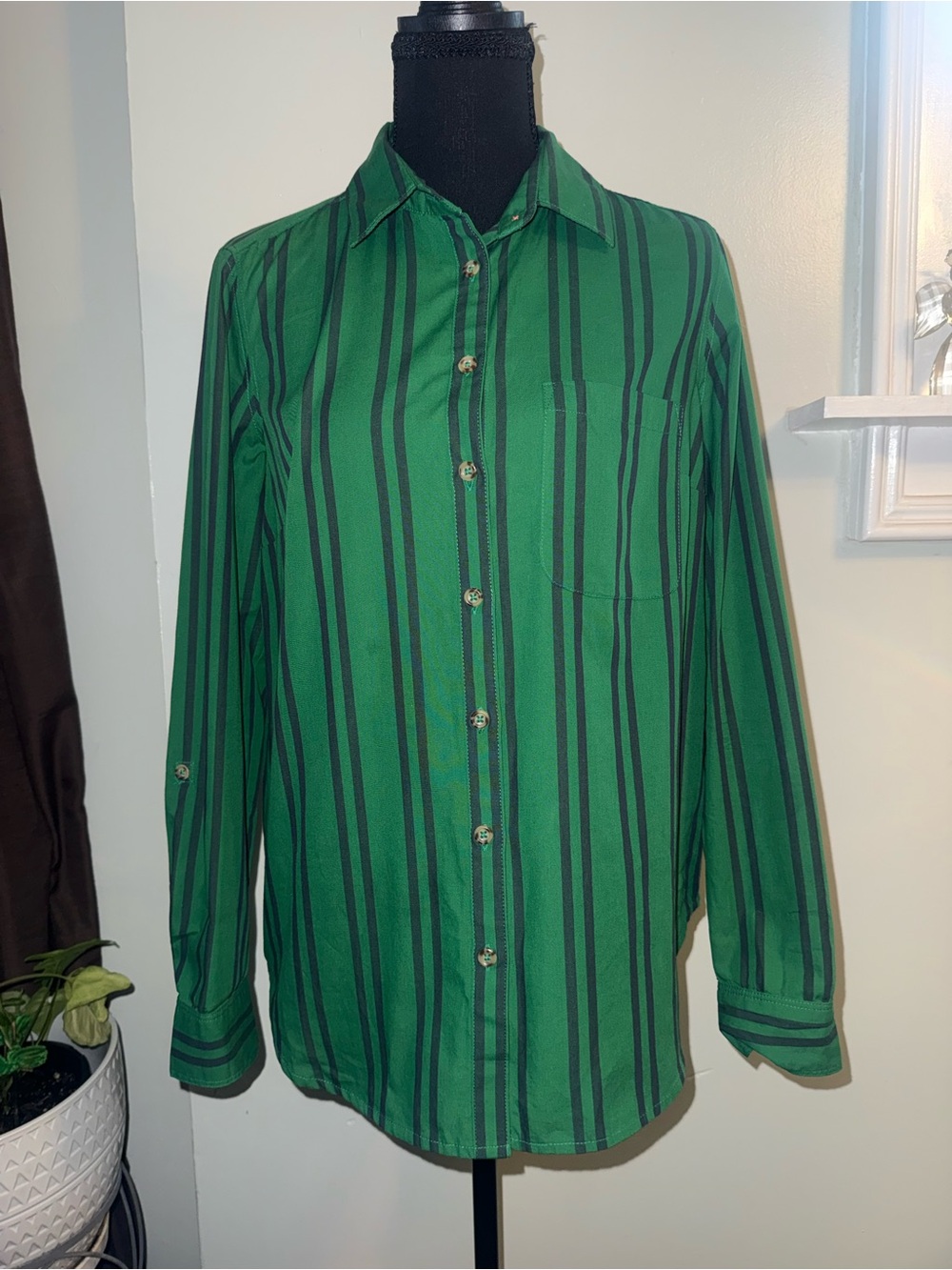 Maeve Anthropologie Green and Black Striped Button-Down Shirt